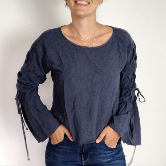 Cloth & Stone Lace Sleeve Chambray Blouse XS Blue - Picture 3 of 9